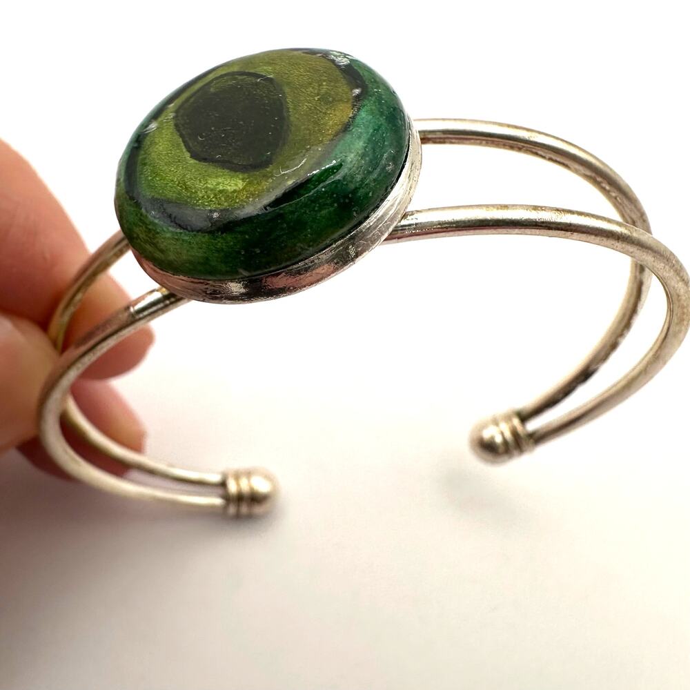 Western Boho Cuff Bracelet Green Silver tone Bohemian Jewelry Artisan